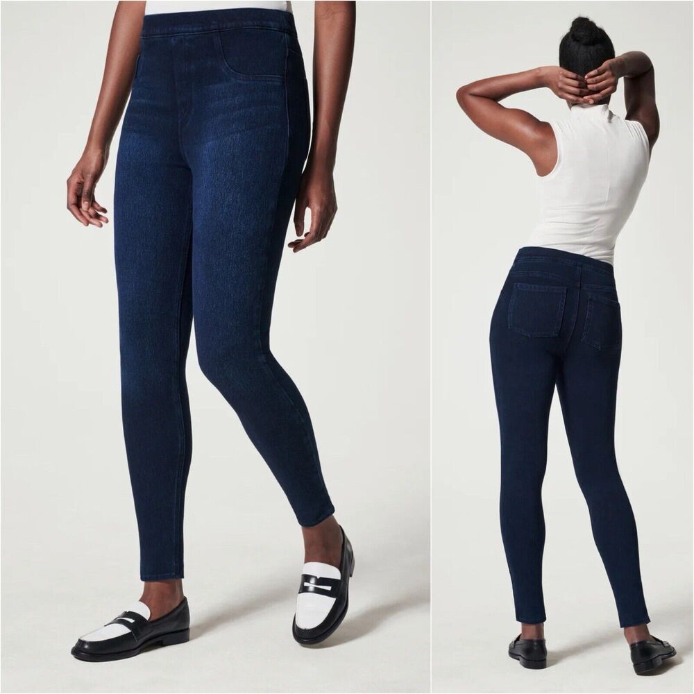 SPANX Jean-Ish Ankle Leggings in Twilight Dark Blue Wash Size M